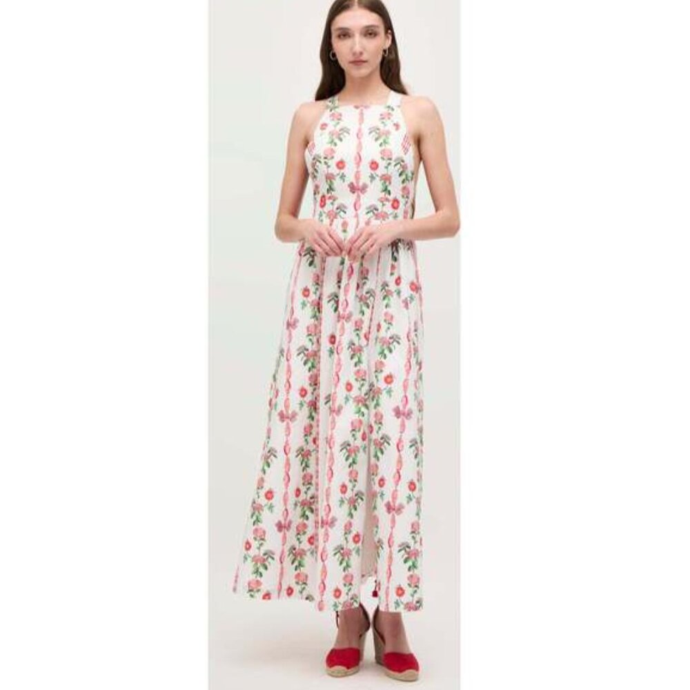 Hill House Home Women's Addie Dress in Red Shell Vine Stripe Cotton Sateen NWT